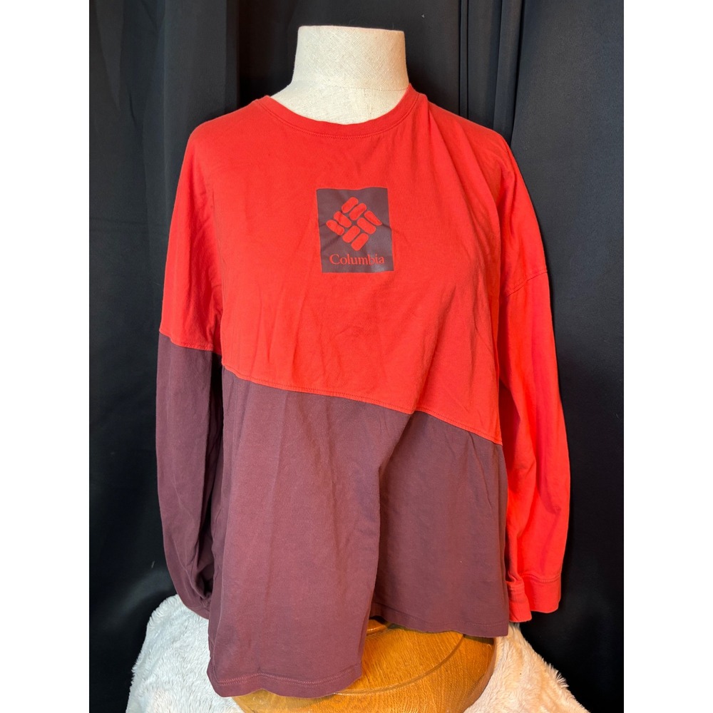 Columbia Sportswear Red Burgundy Colorblock Organic Cotton Long Sleeve Tee XL